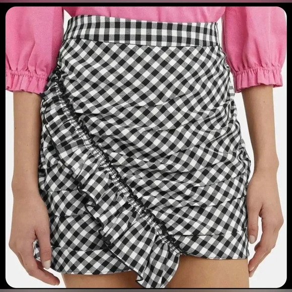 ! Derek Lam 10 Crosby - Black & White Gingham Print Ruched Ruffle Minisk… - Picture 1 of 7